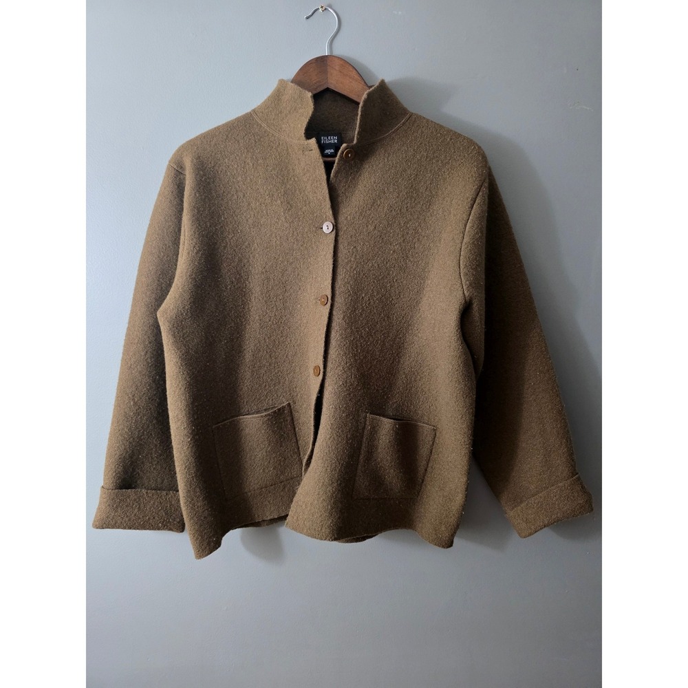 Eileen Fisher Wool Mock Neck Button Front Jacket Brown Small 728W